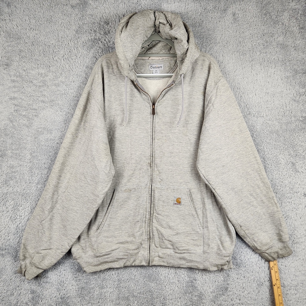 Vintage Carhartt Hoodie Mens XLT Tall Gray Full Zip Fleece Logo Workwear Pockets